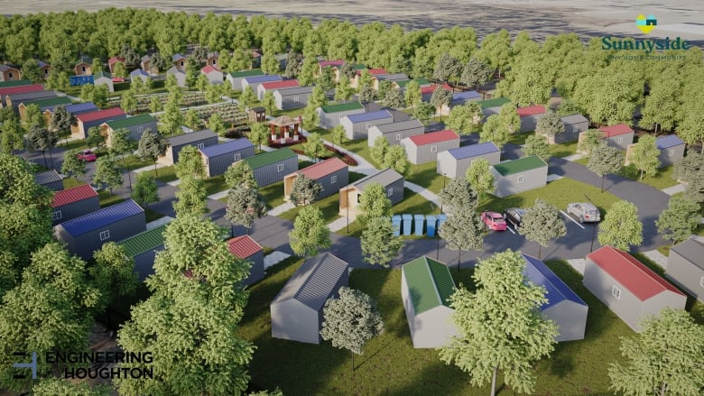 Architectural rendering of rows of tiny homes. 