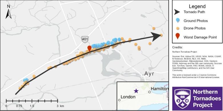 Map of a tornado path. 