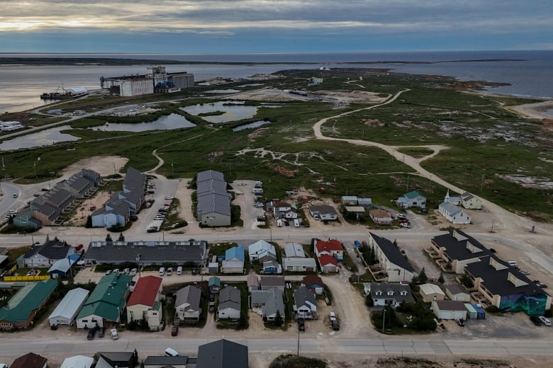 A grain port stands on the outskirts of a town