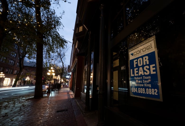 A vacant commercial location is pictured for lease in downtown Vancouver Tuesday, October 27, 2020.  There have been many businesses close up shop and put their commercial locations up for lease since the pandemic started in the early spring of 2020.