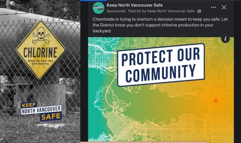 A danger skull-and-crossbones sign with the words chlorine on it next to a map of the Lower Mainland with the words, Protect Our Community in large type across it.