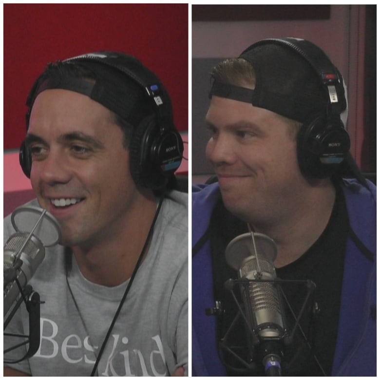 Two men, side by side, talking to a microphone in a studio.