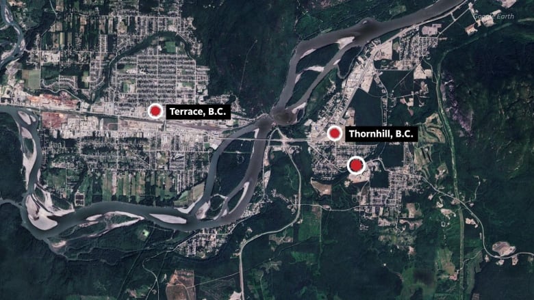 An overhead map of Terrace and Thornhill, just east of it, in northwest B.C.