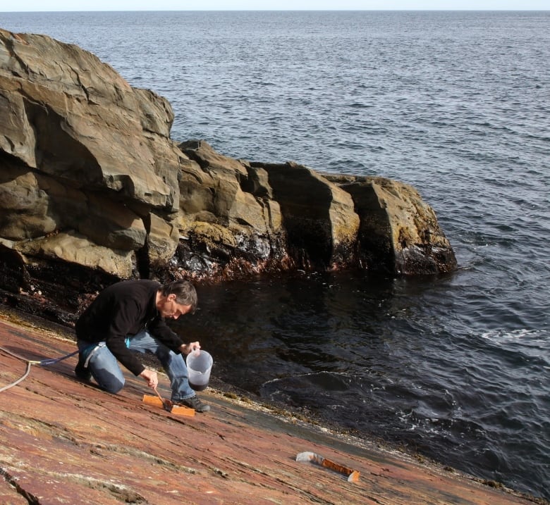 Man crouches on large rock by ocean with jug and paintbrush in hand