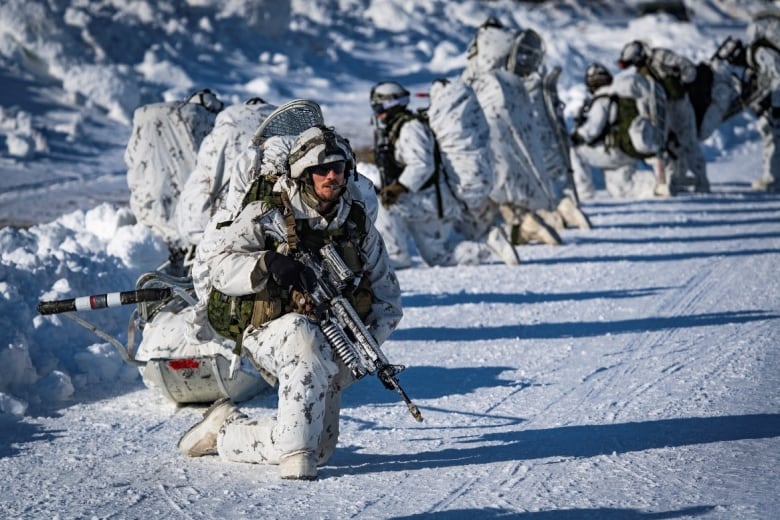 Canadian Army soldiers from 3rd Battalion, Royal 22e Rgiment, prepare to move out from a landing area after disembarking from a CH-147 Chinook helicopter in the training area of Fort Greely, Alaska, United States, during training at the Joint Pacific Multinational Readiness Center on March 16, 2022.