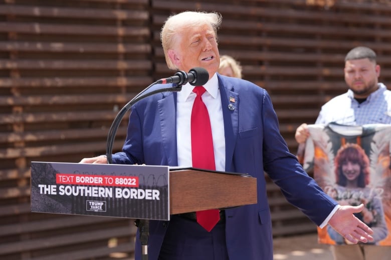 Former U.S. president Donald Trump speaks during a campaign event in front of the U.S.-Mexico border on Thursday, Aug 22, 2024, in Sierra Vista, Arizona.