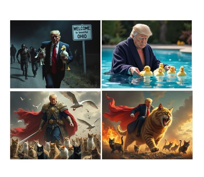 Pro-Trump social media accounts have produced hundreds of AI-generated memes presenting images of Donald Trump rescuing cats and ducks from Haitian migrants.