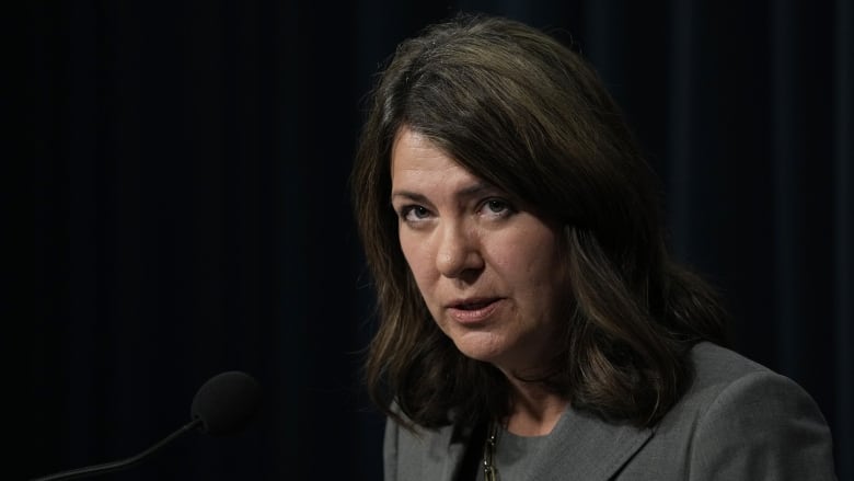 A woman in a gray suit looks into the camera.