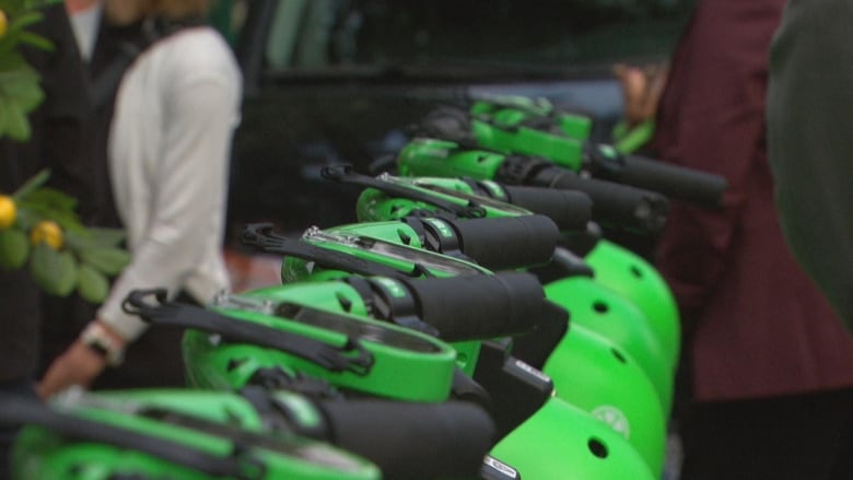 Green e-scooters are pictured lined up.