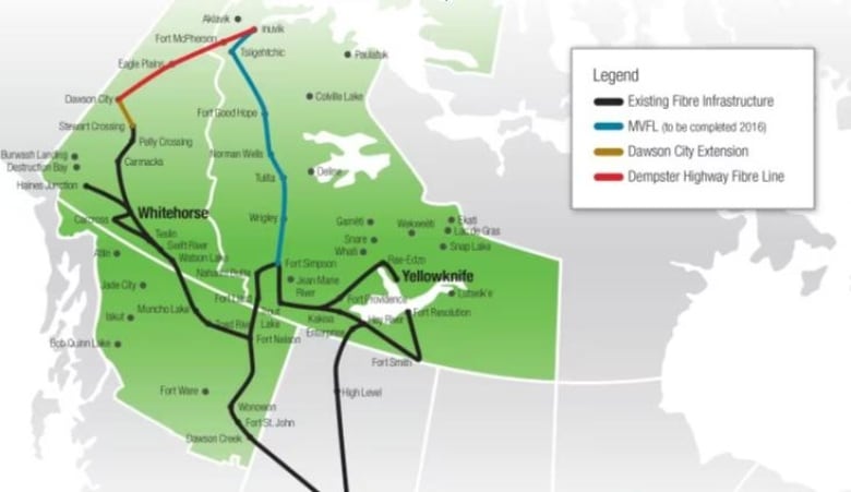 A map of northern Canada with lines showing fibre line infrastructure.