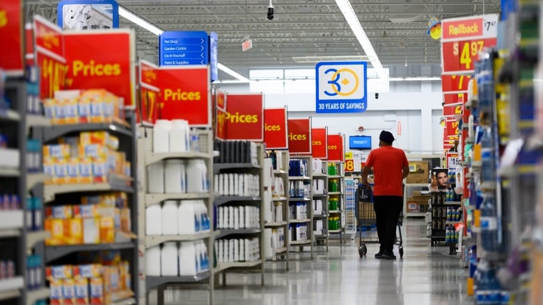 A man pushes a cart through the aisles of a grocery store.