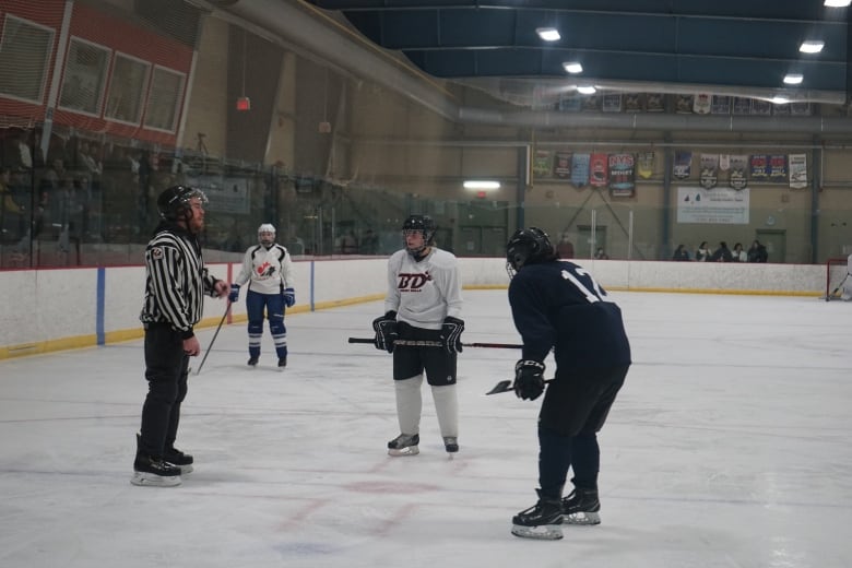 Hockey players on ice.