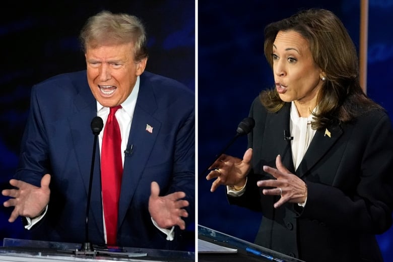 A man and a woman dressed formally are shown speaking in front of podiums in separate photos that have been combined.