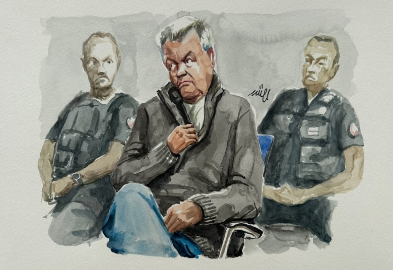 A courtroom sketch of an older man