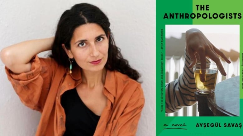 A woman with long dark hair with one hand behind her head. A book cover of a photo of a person's fingers in a cup against a green background. 