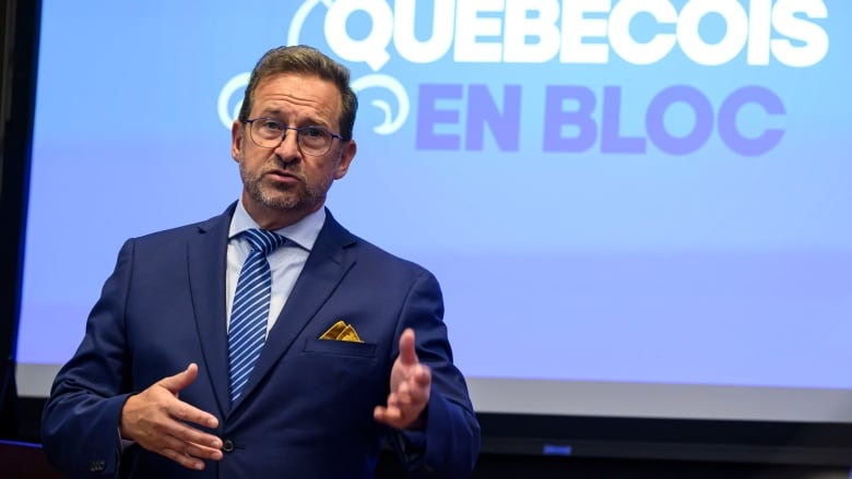 Bloc Qubcois Leader Yves-Francois Blanchet speaks during a meeting of his caucus in the parliamentary precinct in Ottawa, on Wednesday, Sept. 18, 2024.