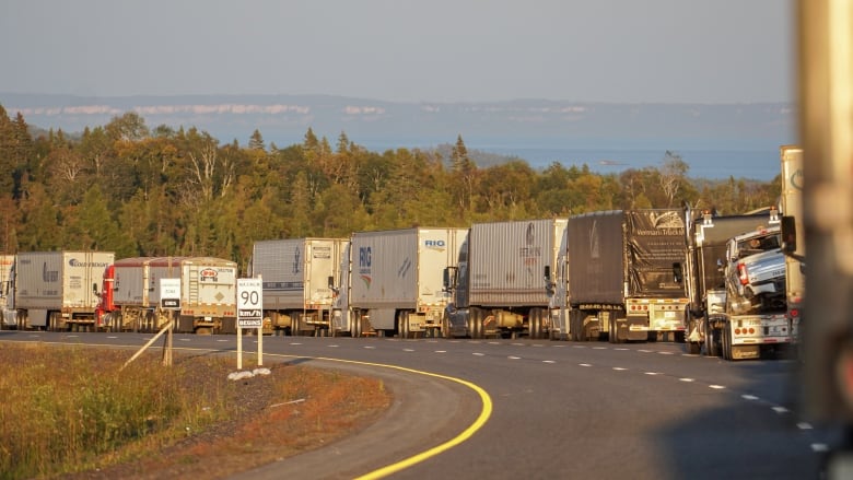 Transport trucks are seen lined up along the highway.