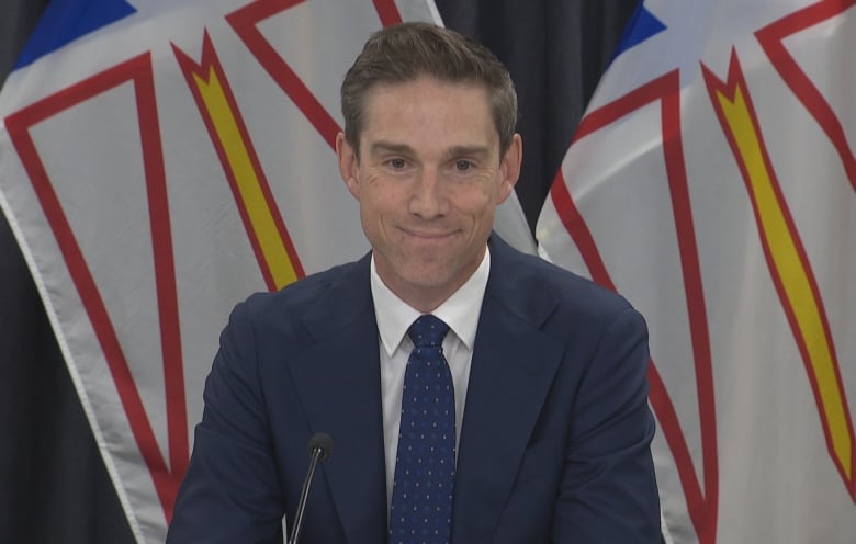 Man in suit with Newfoundland and Labrador flags in background. 