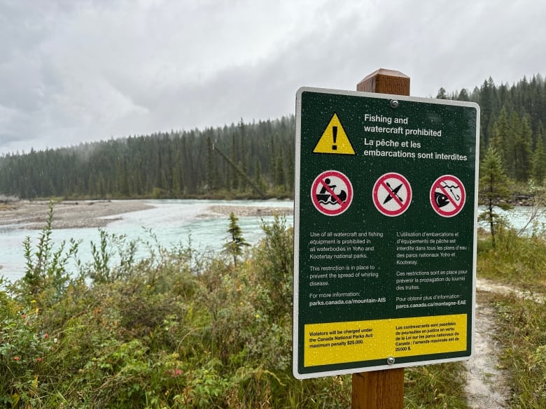 A sign next to a large river says fishing and watercraft prohibited.