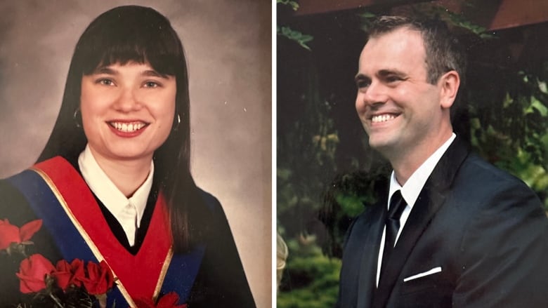 Side-by-side portraits of Jennifer in a high school graduation gown and Peter in a suit at his wedding. 