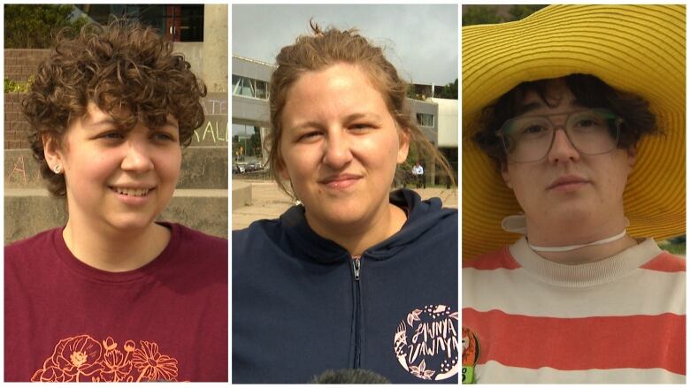 Three people stand on a university campus.