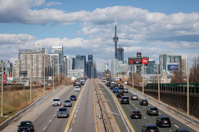 Commuters make their way through rush hour traffic on April 15, 2024  the first day of a planned three-year-long lane reduction on the Gardiner Expressway.