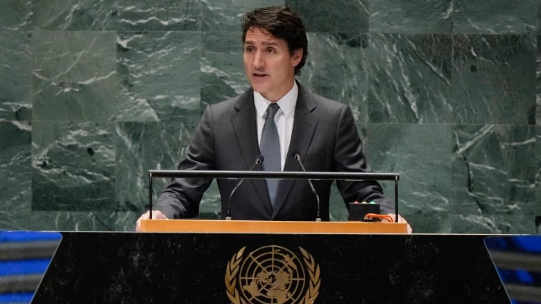 A brown-haired man wearing a dark grey suit speaks at a podium.