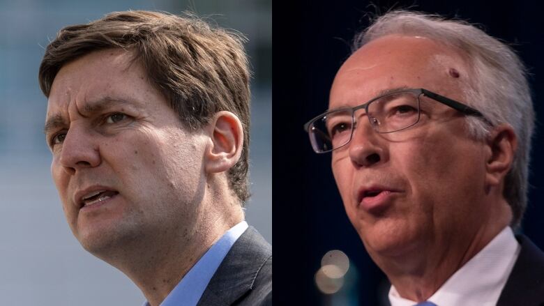 Headshots of David Eby and John Rustad