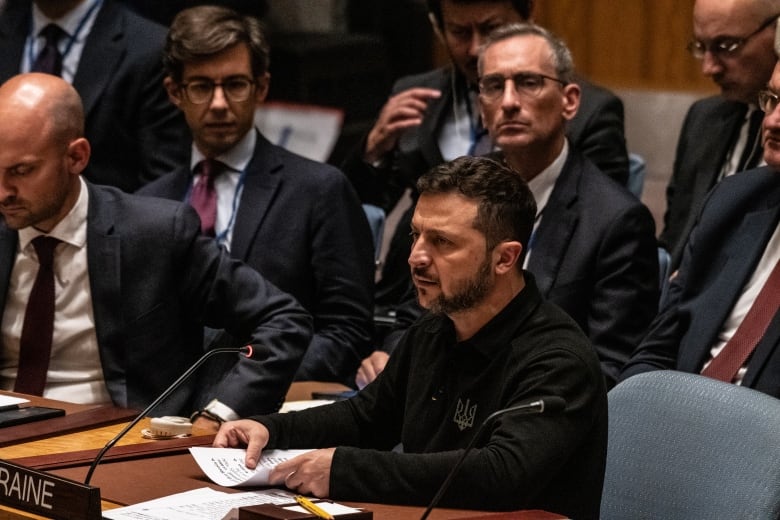 Ukrainian President Volodymyr Zelenskyy arrives at a meeting of the United Nations Security Council at the UN headquarters in New York.