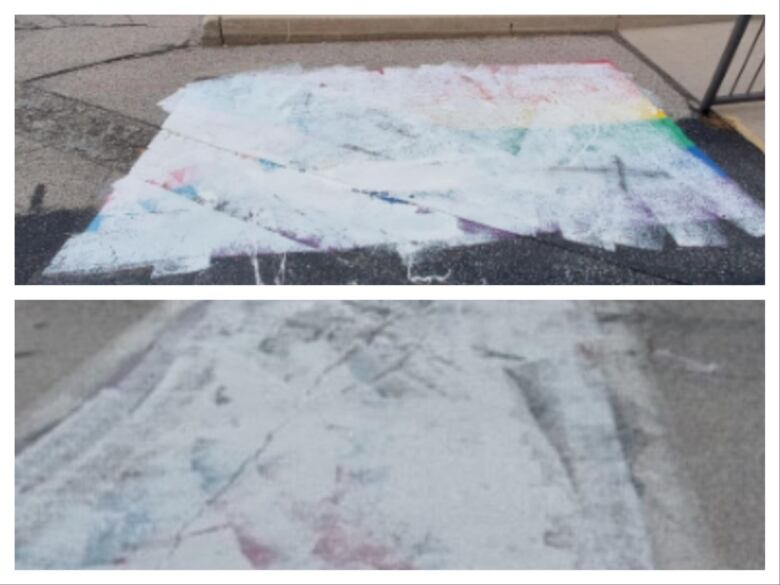 Two pictures of crosswalks with white paint