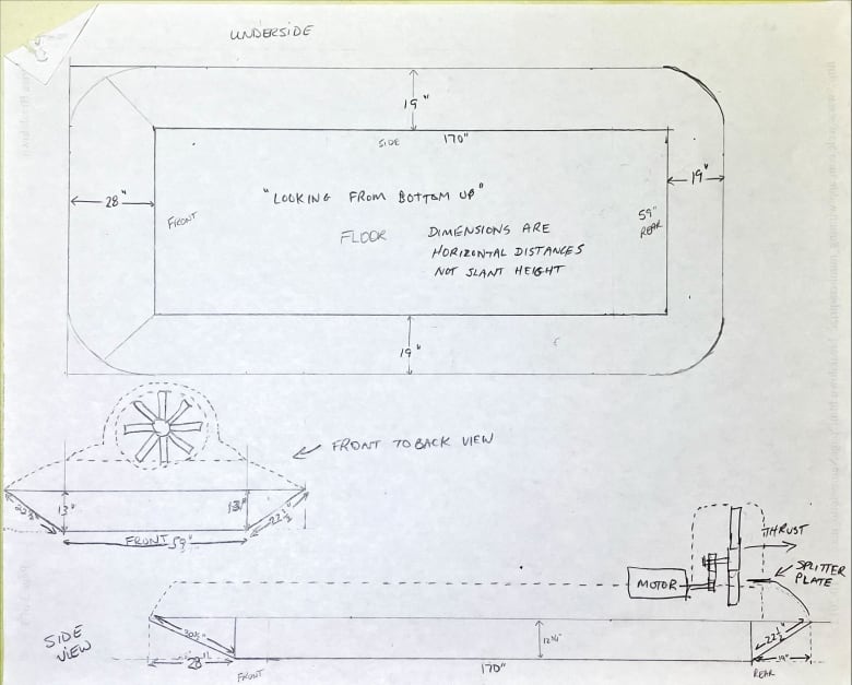 Hand-drawn plans for the hovercraft show measurements, parts, and angles.