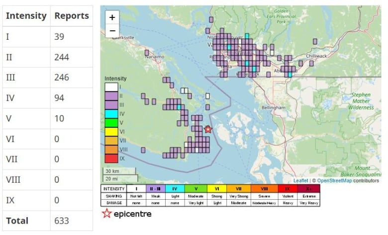 A map with purple squares, indicating a weak earthquake, along Victoria's south coast and across Metro Vancouver. 