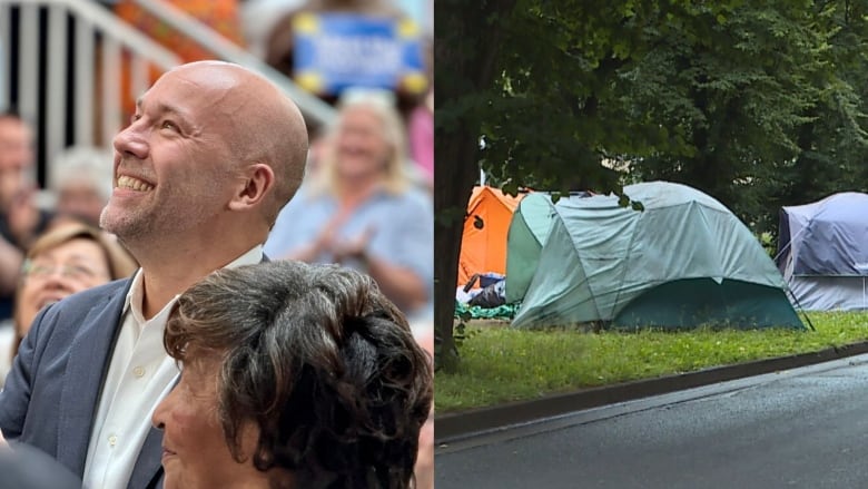 side by side photo of a man and an image of tents