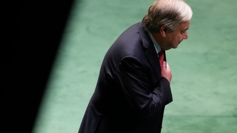 United Nations Secretary-General Antnio Guterres puts his hand over his heart after speaking to the 79th session of the United Nations General Assembly at United Nations headquarters on Tuesday, Sept. 24, 2024.