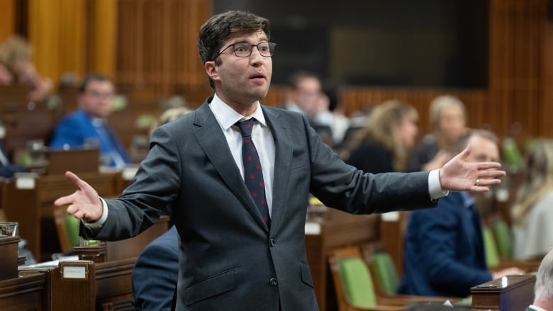 Conservative MP for  Sherwood Park-Fort Saskatchewan Garnett Genuis rises in the House of Commons following Question Period as he attempts to explain his comments, Thursday, September 26, 2024 in Ottawa. 