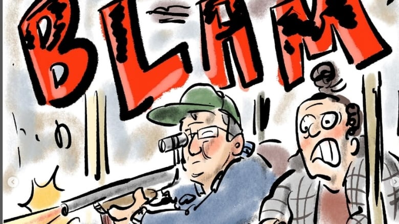 A cartoon of a man shooting a rifle and the word blam is spelled out above his head.