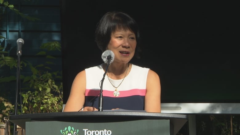 Toronto Mayor Olivia Chow speaks to reporters at West Neighbourhood House, a multi-service neighbourhood centre, about the official launch citywide of the Toronto Community Crisis Service on Thursday.