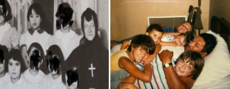 Pictures of the couple arents, one is with a young girl posing with a nun in a class photo, the other is a man in braids happily relaxing with his kids all smiling in bed.