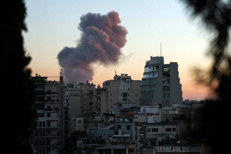 Dark grey smoke rises from buildings in a city suburb at dusk.