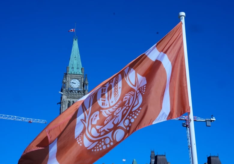 The survivors flag flies on Parliament Hill ahead of ceremonies to mark National Day for Truth and Reconciliation, Monday, September 30, 2024 in Ottawa.