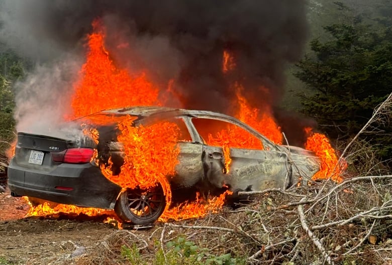 A black BMW sits on fire in a wooded area.