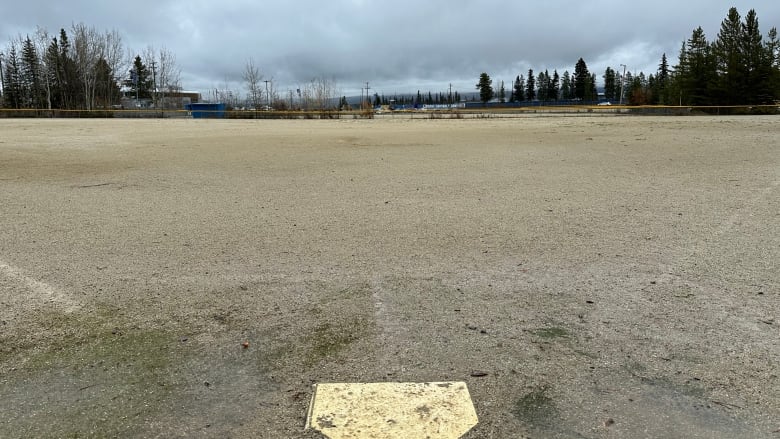 Looking out from home plate at a softball field.