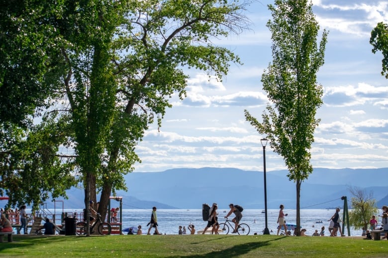 A picturesque park is pictured with mountains in the background, as people cycle and walk by.