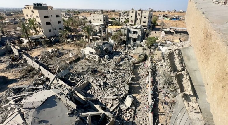 A view of a destroyed building complex.