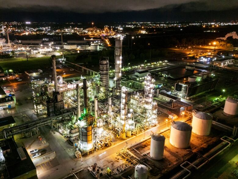 An aerial view of Ineos Styrolution plant, in Sarnia, Ont., at night.