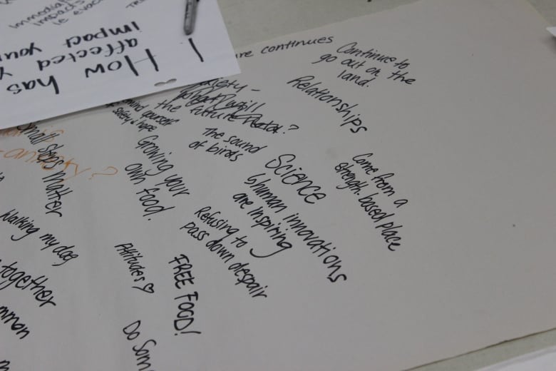 A white paper with phrases written in black marker. 