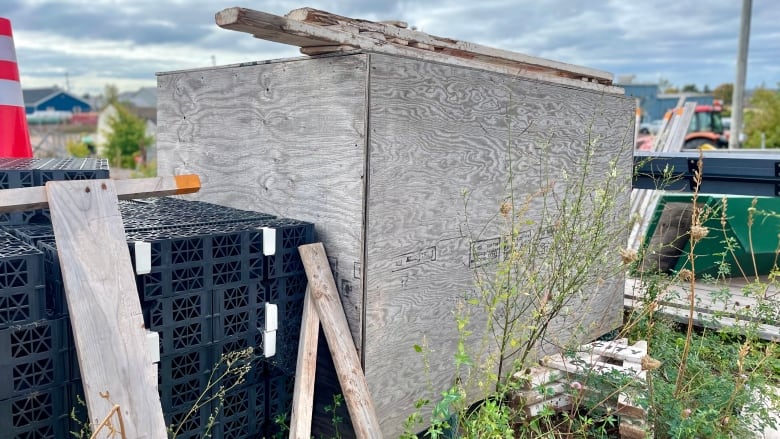 A large wooden crate sits amongst pallets, plastic bins, a pylon and weeds.