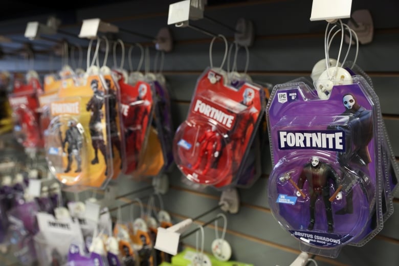 Figurines from the game Fortnite are seen.