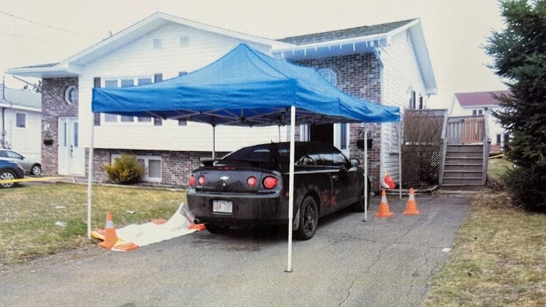 A blue topped tent over a car parked in a driveway with several tarps on the ground to the left of the vehicle and a duplex in the background.