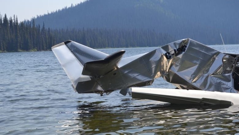 A photo shows a crumpled airplane in water.